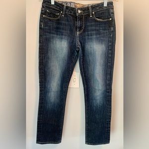 Paige Jeans 29 Blue Denim Medium Wash Pants Skyline Crop Stretch Leather Patch